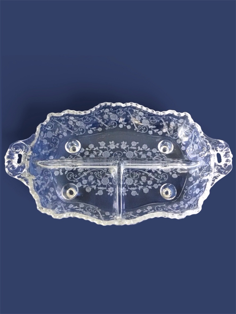 Vintage Cambridge Glass 3-Part Divided Relish Serving Dish Etched Elaine Pattern